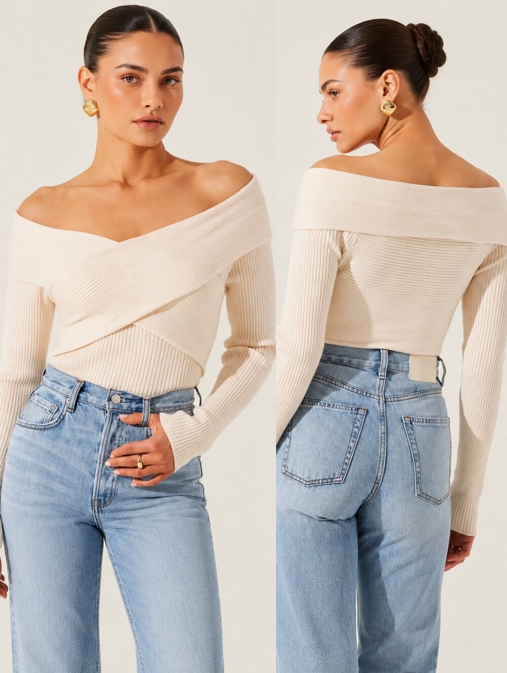 ASTR The Label Cream Ribbed Off-Shoulder Wrap Sweater Size Medium
